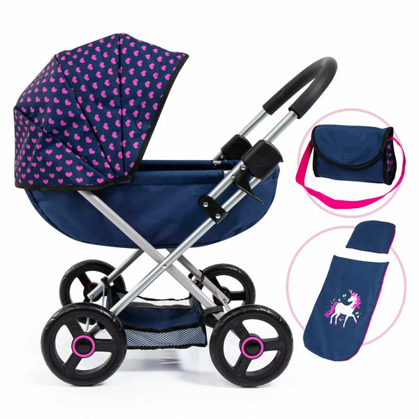 BAYER COSY DOLL PRAM IN DARK BLUE WITH FAIRY AND PINK CONFETTI HOOD