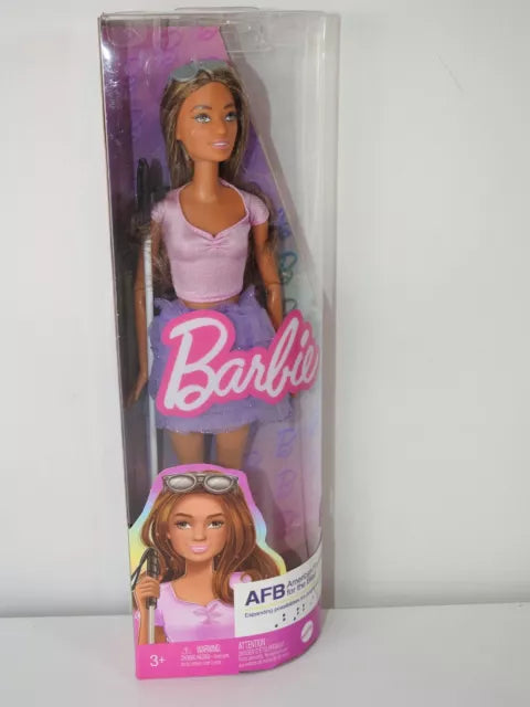 BARBIE FASHIONISTAS AMERICAN FOUNDATION FOR THE BLIND DOLL 228 BROWN HAIR WITH PINK TSHIRT AND PURPLE SKIRT