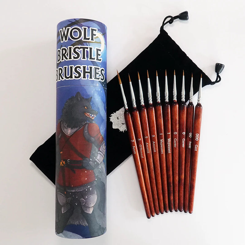 CHRONICLE WOLF BRISLE BRUSH SET INCLUDES 10 WOLF BRISTLE BRUSHES BETWEEN  SIZE 000 AND 7 WITH A ROSEWOOD TONE HANDLE ANDF FERAL BRASS FERRULES HOUSED IN A VELVET POUCH