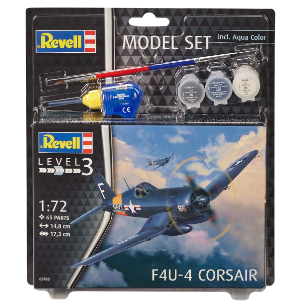 REVELL 63955 F4U-4 CORSAIR LEVEL 3  1/72 SCALE  PLASTIK MODEL SET   WITH BRUSH, PAINTS AND GLUE