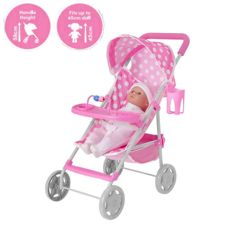 WOWOW TOYS DOLLY TOTS PLAYTIME DOLL PUSHCHAIR WITH CUP HOLDER AND REMOVABLE FEED AND PLAY TRAY - FITS UP 45CM DOLL - HANDLE HEIGHT 58CM - FOLDS FLAT