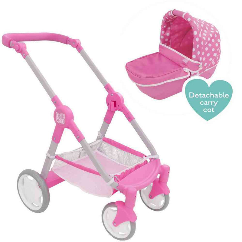 WOWOW TOYS DOLLY TOTS ROAMER DOLL PRAM WITH DETATCHABLE CARRY COT - INCLUDES BAG - FITS UP 45CM DOLL - HANDLE HEIGHT 63.5-73CM