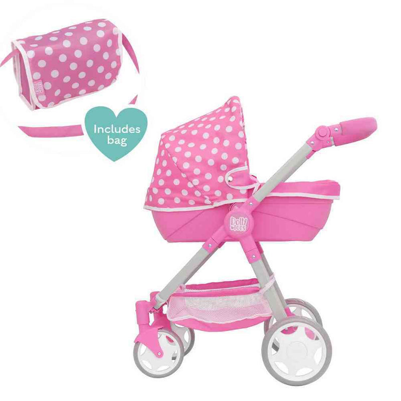 WOWOW TOYS DOLLY TOTS ROAMER DOLL PRAM WITH DETATCHABLE CARRY COT - INCLUDES BAG - FITS UP 45CM DOLL - HANDLE HEIGHT 63.5-73CM