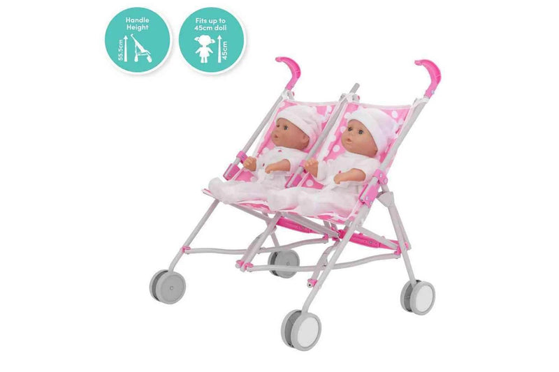 WOWOW TOYS DOLLY TOTS TWIN DOLL SIDE BY SIDE STROLLER - FITS UP 45CM DOLL - HANDLE HEIGHT 55.5CM - FOLDS FLAT