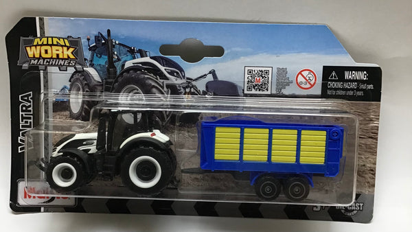 MAISTO 15590 MINI WORK MACHINES VALTRA BLACK TRACTOR WITH BLUE BOX TRAILER DIECAST