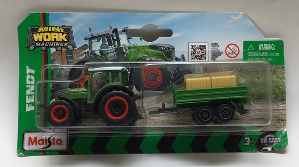 MAISTO 15590 MINI WORK MACHINES FENDT GREEN TRACTOR WITH HAY TRAILER DIECAST