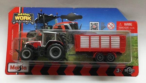 MAISTO 15590 MINI WORK MACHINES MASSEY FERGUSON RED TRACTOR WITH BOX TRAILER DIECAST