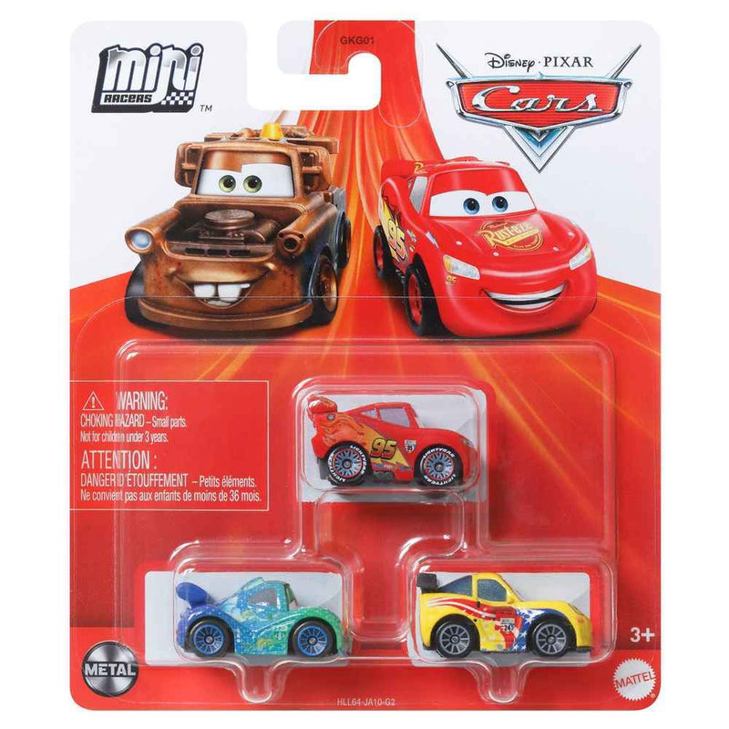 DISNEY PIXAR CARS MINI RACERS 3 PACK INCLUDES JEFF GORVETTE - LIGHTNING MCQUEEN WITH RACING WHEELS - CARLA VELOSO DIECAST METAL CARS