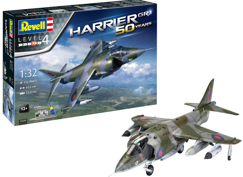 REVELL 05690 HAWKER HARRIER GR MK1 50 YEARS ANNIVERSARY GIFT SET INCLUDES PAINT AND GLUE 1/32 SCALE PLASTIC MODEL KIT FIGHTER