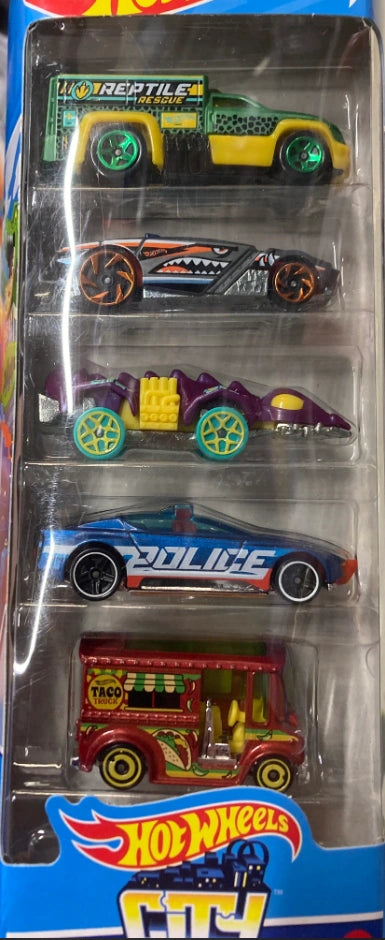 HOT WHEELS 1806 HW CITY DIE CAST CAR 5 PACK - ALPHA PURSUIT - BREAD BOX - RESCUE DUTY - FANGSTER - ROGUE HOG