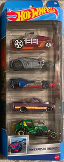 HOT WHEELS 1806 HW EXPOSED ENGINES DIECAST CAR 5 PACK - CUSTOM 72 CHEVY LUV - CRATE RACER - 42 WILLYS MB JEEP - LETHAL DIESEL - TWIN MILL III