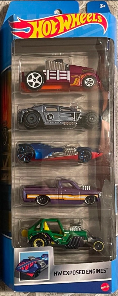 HOT WHEELS 1806 HW EXPOSED ENGINES DIECAST CAR 5 PACK - CUSTOM 72 CHEVY LUV - CRATE RACER - 42 WILLYS MB JEEP - LETHAL DIESEL - TWIN MILL III