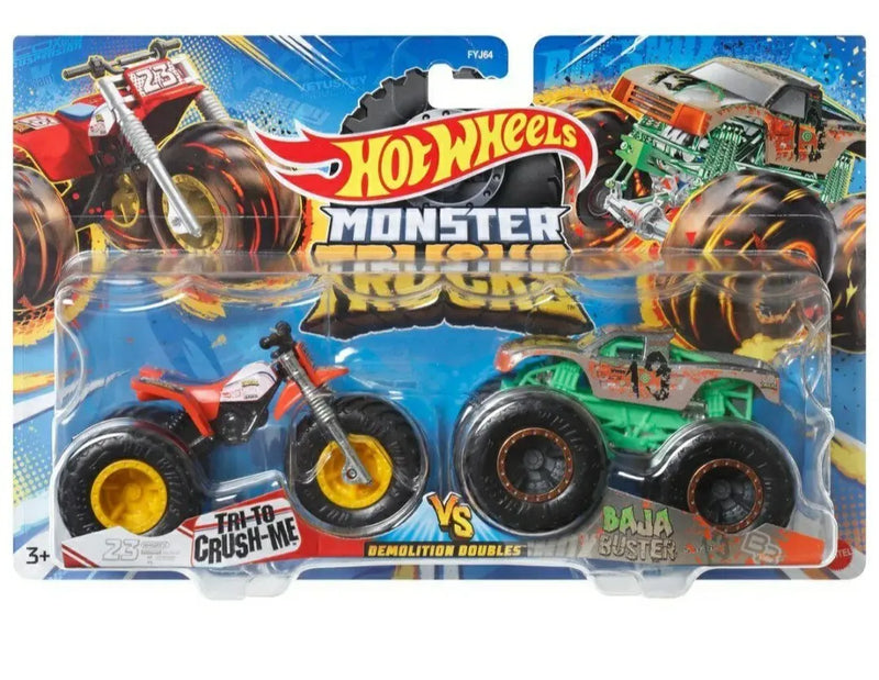 HOT WHEELS MONSTER TRUCKS DEMOLITION DOUBLES - TRI TO CRUSH ME VS BAJA BUSTER