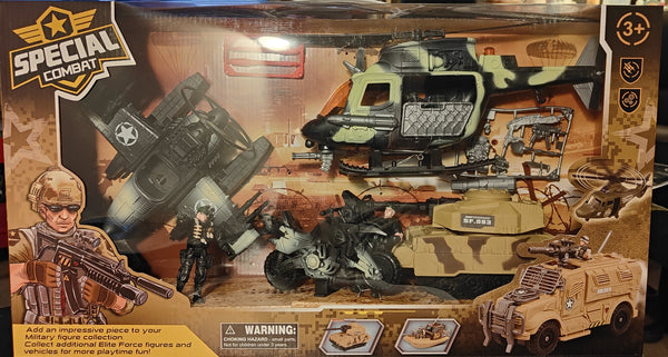 SPECIAL COMBAT TRANSPORTER PLAY SET LARGE WITH HELICOPTER, TANK, FLOAT PLANE AND MOTORBIKE