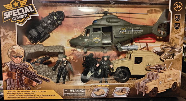 SPECIAL COMBAT TRANSPORTER PLAY SET LARGE WITH HELICOPTER, ARMOURED VEHICLE, JET SKI AND MOTORBIKE