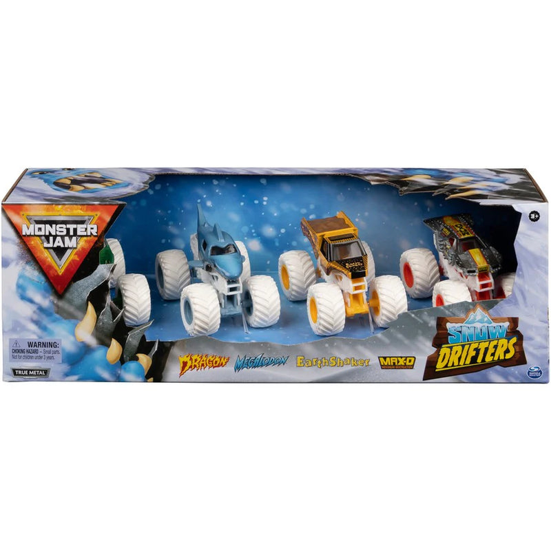 MONSTER JAM SNOW DRIFTERS DRAGON MEGALODON EARTHSHAKER MAX-D 1/64 SCALE DIECAST MONSTER TRUCKS 4 PACK