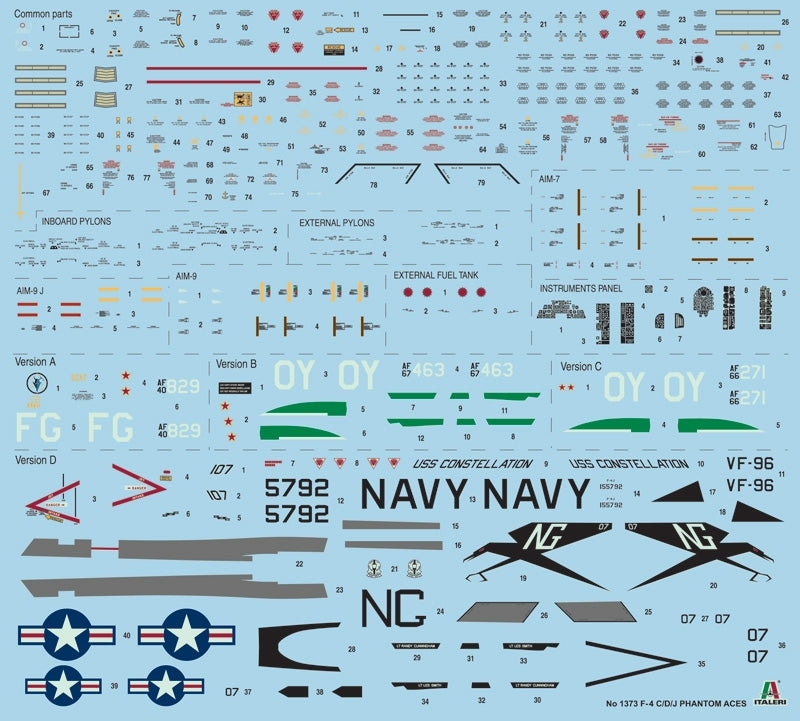 ITALERI 1373S  F-4C/D/J PHANTOM II ACES U.S.A.F U.S NAVY VIETNAM ACES 1/72 SCALE PLASTIC MODEL KIT FIGHTER