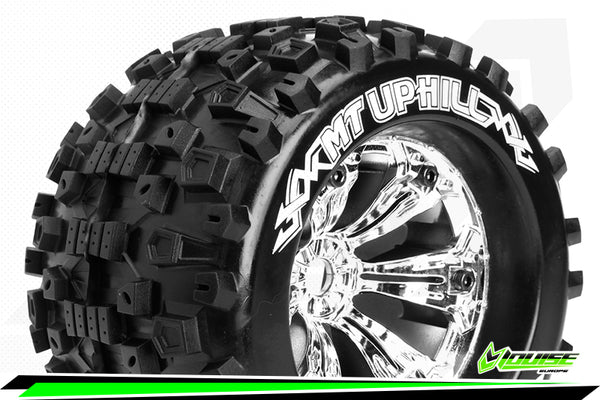 LOUISE LT3219CH MT UPHILL 3.8 INCH TRAXXAS BEAD SPORT CHROME 0 OFFSET RIMS 1/8 SCALE MONSTER TRUCK FRONT & REAR TIRES HEX 17MM TYRES