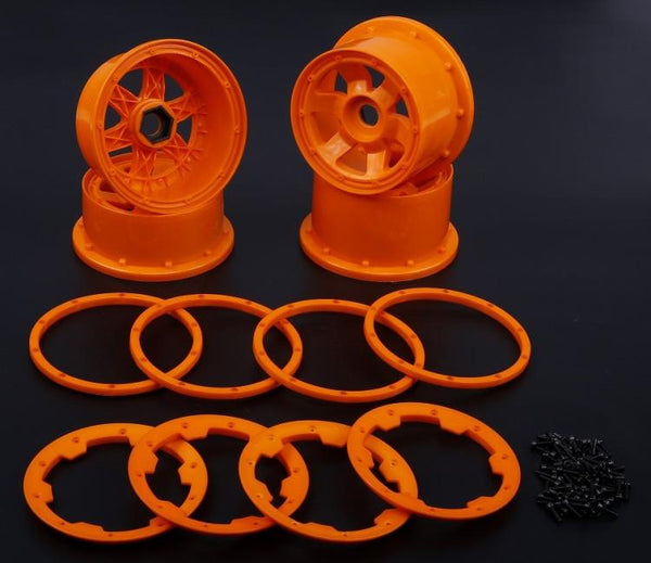 ROVAN 85076 NYLON RIM FULL SET OF 4 SUITS BAJA 5B ORANGE WITH ORANGE BEADLOCKS