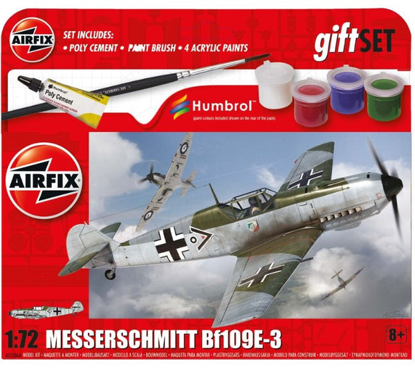 AIRFIX A55106A MESSERSCHMITT BF109E-3 FIGHTER 1/72 SCALE GIFT SET INCLUDING GLUE AND PAINT PLASTIC MODEL KIT