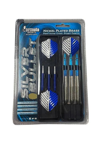 FORMULA SPORTS SILVER BULLET 24 GRAM NICKEL PLATED BRASS PRECISION STEEL POINT DART SET IN CARRY CASE