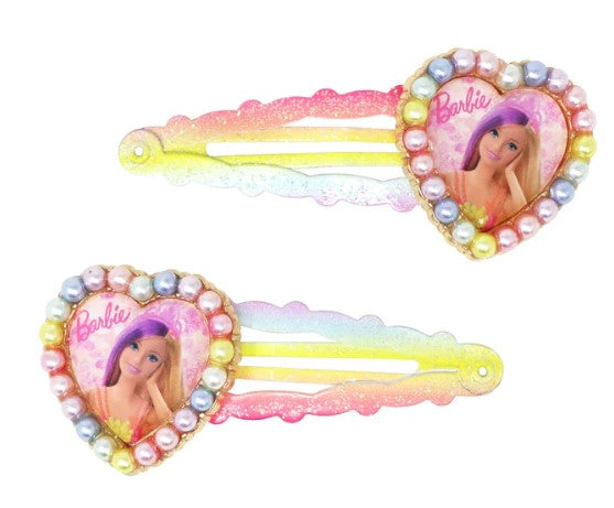 PINK POPPY - BARBIE DREAMTOPIA RAINBOW FANTASY GLITTER SNAP CLIPS WITH PEARAL HEART PENDANT