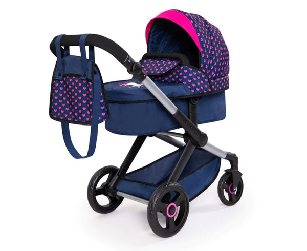 BAYER XEO COMPACT DOLL PRAM DARK BLUE WITH PINK HEARTS AND UNICORN