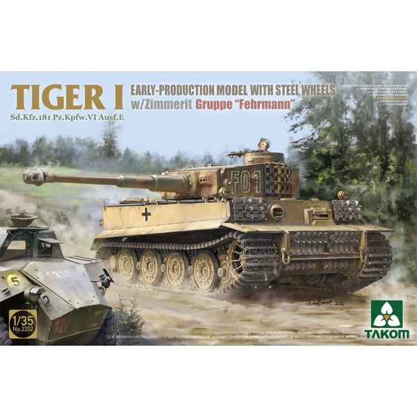 TAKOM 2202 TIGER I SD.KFZ.181 PZ.KPFW.VI AUSF.E EARLY PRODUCTION MODEL WITH STEEL WHEELS AND ZIMMERIT GRUPPE FEHRMANN 1/35 SCALE PLASTIC MODEL KIT TANK