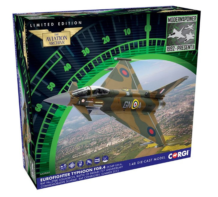 CORGI AA29001 LIMITED EDITION 75TH ANNIVERSARY BATTLE OF BRITAIN EUROFIGHTER TYPHOON FGR.4 FIGHTER IN SPITFIRE COLOURS 1/48 SCALE DIECAST MODEL PLANE