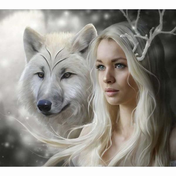 5D DIAMOND PICTURE KIT WITH HI STONE CRYSTAL BEADS - WOMAN WITH A WHITE WOLF 30X30CM