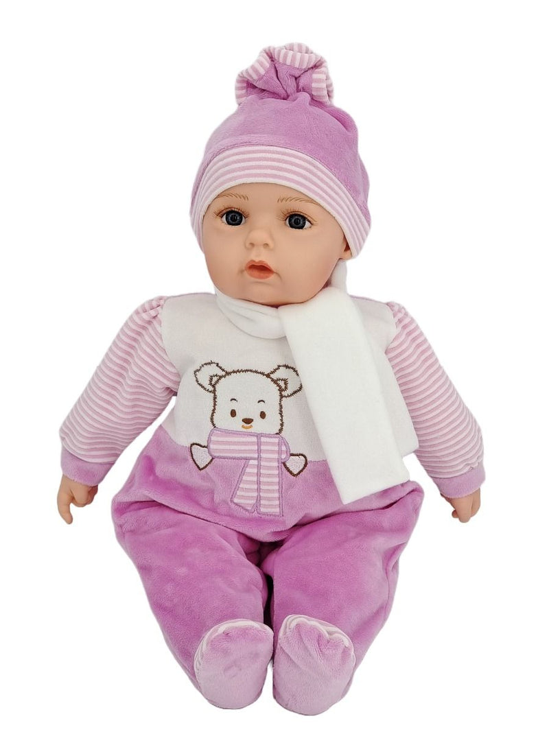 COTTON CANDY BABY DOLL KIM WITH PINK AND WHITE TEDDY ROMPER SOFT BODY 50CM