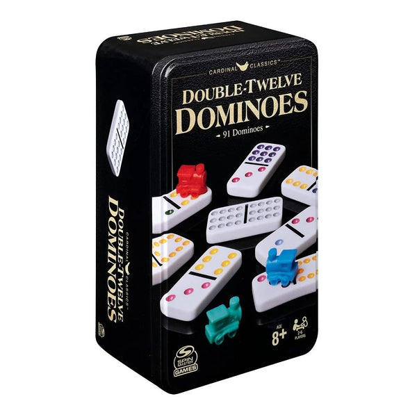 CARDINAL CLASSICS DOUBLE-TWELVE DOMINOES COLOURED WITH MEXICAN TRAIN IN TIN CONTAINER