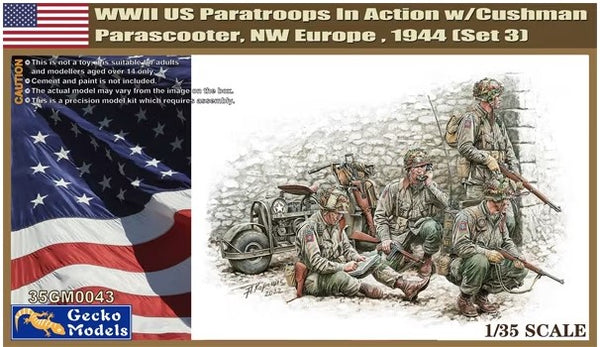 GECKO MODELS 35043 WWII US PARATROOPERS IN ACTION WITH CUSHMAN PARASCOOTER NW EUROPE 1944 SET OF THREE 1/35 SCALE PLASTIC MODEL KIT