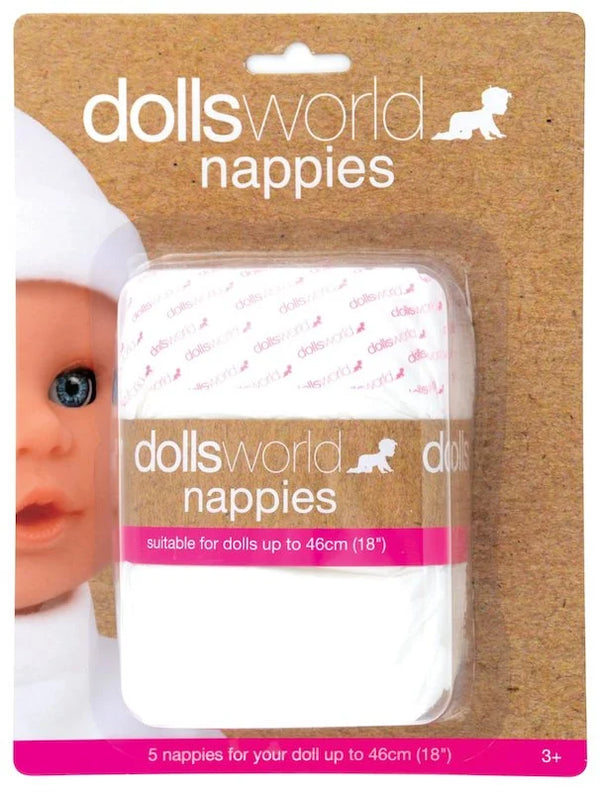 DOLLS WORLD  5 PACK OF NAPPIES SUITABLE FOR DOLLS UP TO 46CM