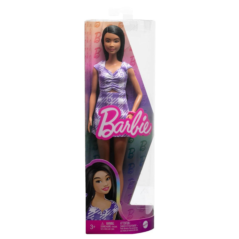 BARBIE FASHIONISTAS GIRL DOLL 199 WITH BLACK HAIR AND PURPLE DRESS