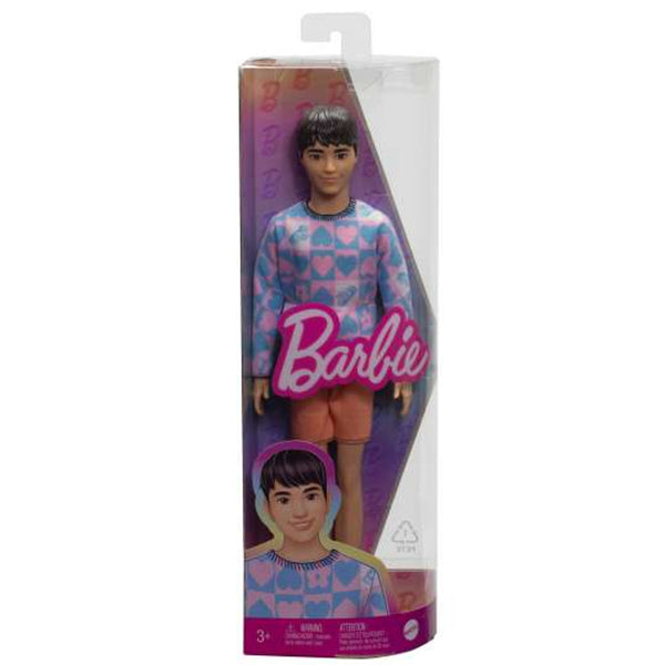 BARBIE FASHIONISTAS BOY DOLL 219 DARK BROWN HAIR WITH BLUE AND PINK HEART KEN SHIRT AND ORANGE SHORTS