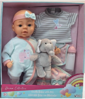 GIGO 23206 DREAM COLLECTION 13 INCH LOVELY BABY DOLL WITH PET ELEPHANT SOFT TOY 2+