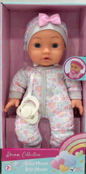 GIGO 23207 DREAM COLLECTION 12 INCH BABY MAGGIE SOFT BODY DOLL WITH PACIFIER AND GREY SUIT WITH PINK BOW 2+