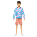 BARBIE FASHIONISTAS BOY DOLL 219 DARK BROWN HAIR WITH BLUE AND PINK HEART KEN SHIRT AND ORANGE SHORTS