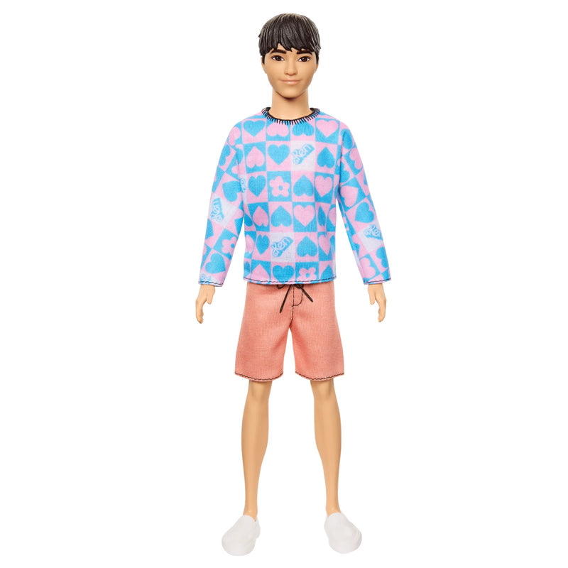 BARBIE FASHIONISTAS BOY DOLL 219 DARK BROWN HAIR WITH BLUE AND PINK HEART KEN SHIRT AND ORANGE SHORTS