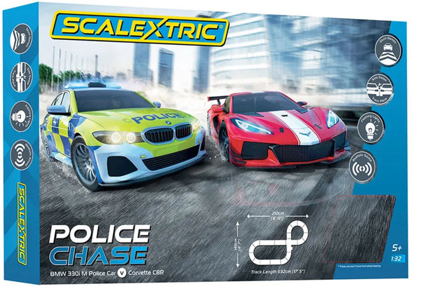 SCALEXTRIC  C1433 POLICE CHASE SLOT CAR SET INCLUDES BMW 330I M POLICE CAR VS CORVETTE C8R