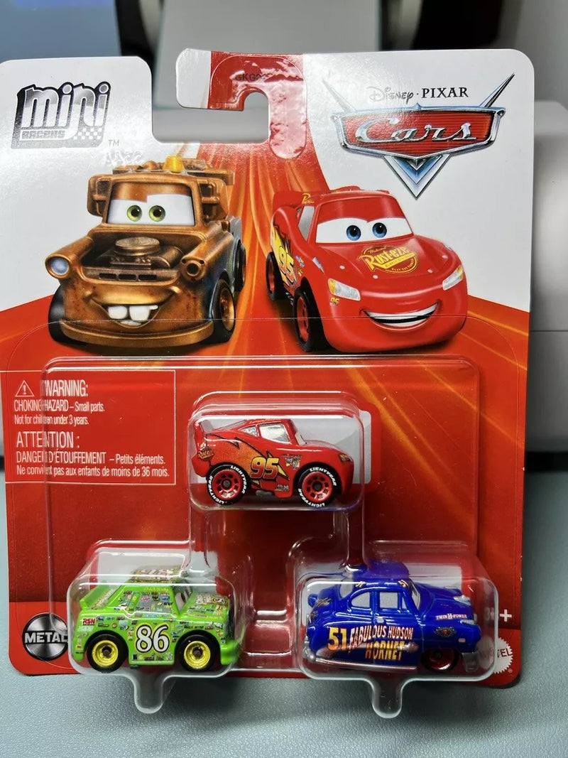 DISNEY PIXAR CARS MINI RACERS 3 PACK INCLUDES FABULOUS HUDSON HORNET - CHICK HICKS - LIGHTNING MCQUEEN DIECAST METAL CARS