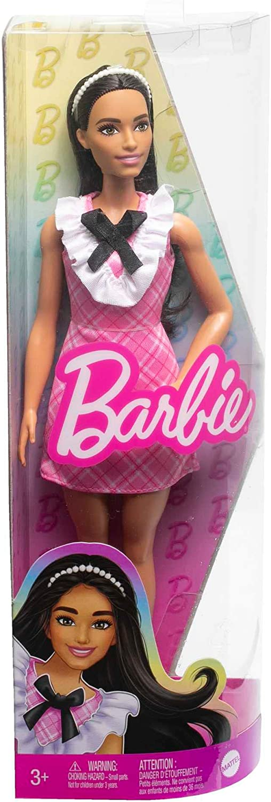 BARBIE FASHIONISTAS GIRL DOLL 209 WITH DARK BROWN HAIR PLAID DRESS