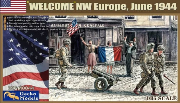 GECKO MODELS 35044 AMERICAN SOLDIERS WELCOME JUNE 1944 NW EUROPE 1/35 PLASTIC MODEL KIT THREE SOLDIERS AND CART