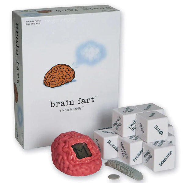 PLAY MONSTER SN0622 BRAIN FART GAME 9 CUBES WITH 54 CATEGORIES, 25 CHIPS, BRAIN TIMER/LETTER GENERATOR AND RULES