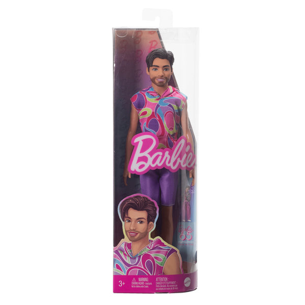 BARBIE FASHIONISTAS BOY DOLL 1991 65 INSPIRING STORIES 227 DARK BROWN HAIR AND BEARD WITH COLOURFUL PATTERN TOP AND PURPLE SHORTS