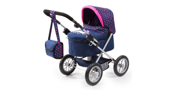 BAYER TRENDY DOLL PRAM- DARK BLUE WITH PINK HEART AND UNICORN