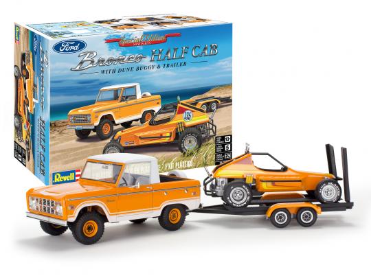 REVELL 85-7228 FORD BRONCO HALF CAB WITH DUNE BUGGY AND TRAILER 1/25 SCALE PLASTIC MODEL SET