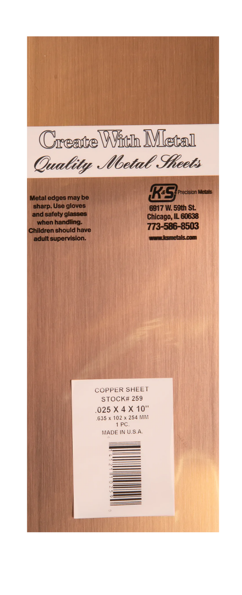 K&S 259 COPPER SHEET 0.025 X 4 X 10INCH (.635 X 102 X 254MM)