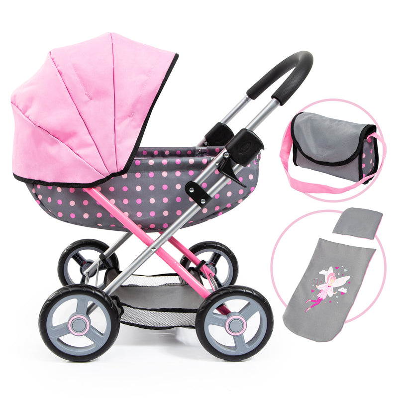 BAYER COSY DOLL PRAM- GRAY WITH PINK SPOTS AND PINK HOOD